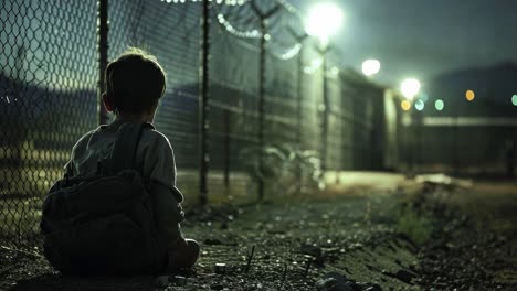 a child sits alone near a fence at night