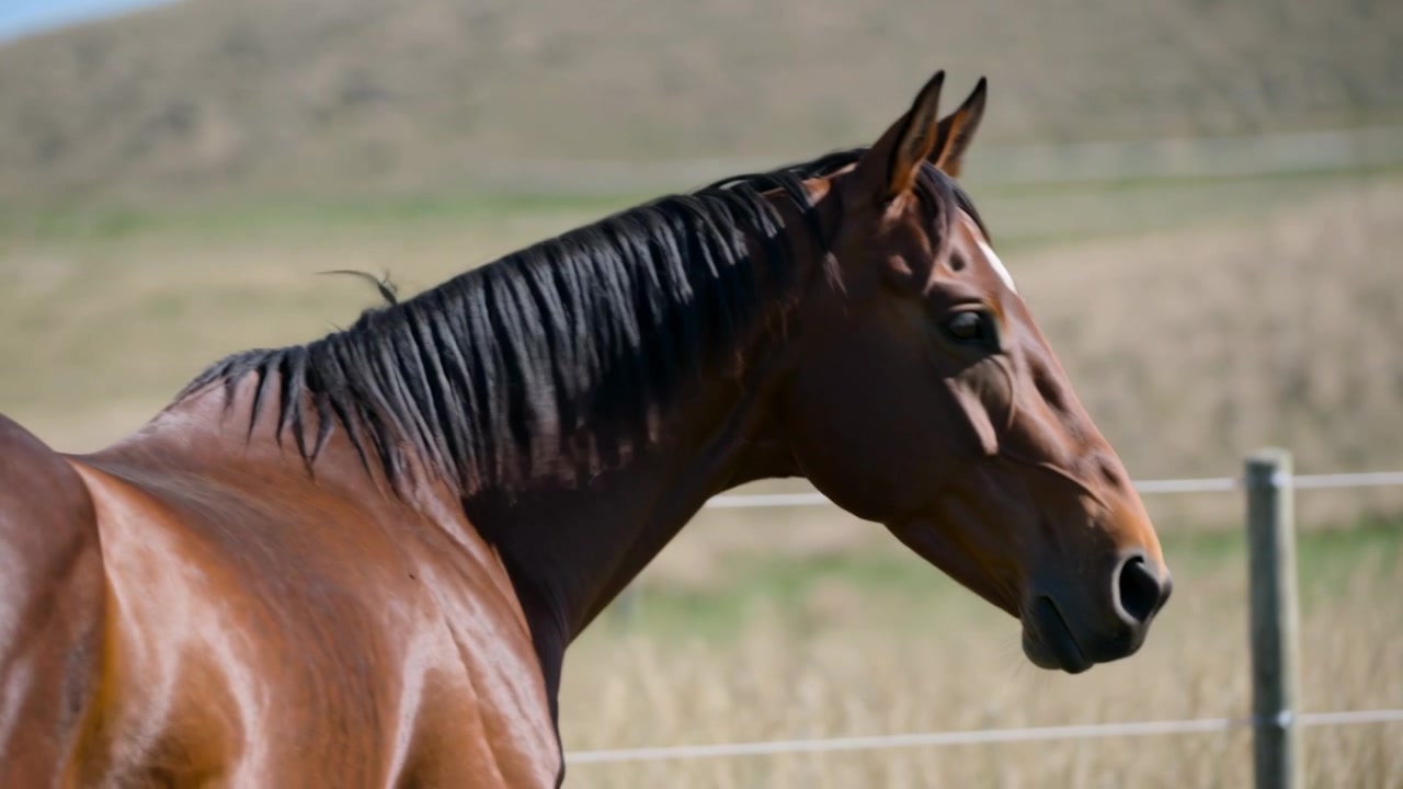 Cavalo baio em alerta, erguendo o pescoço e virando a cabeça para a direita em pasto cercado, em direção à cerca de arame, colinas.
