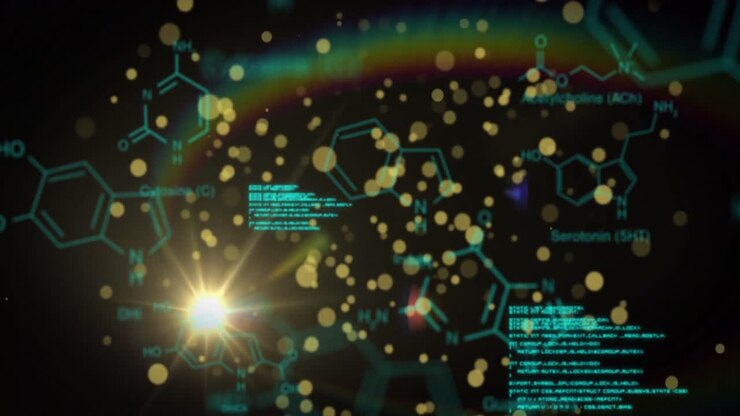 Animation of yellow spots floating over chemical structures and data processing on black background