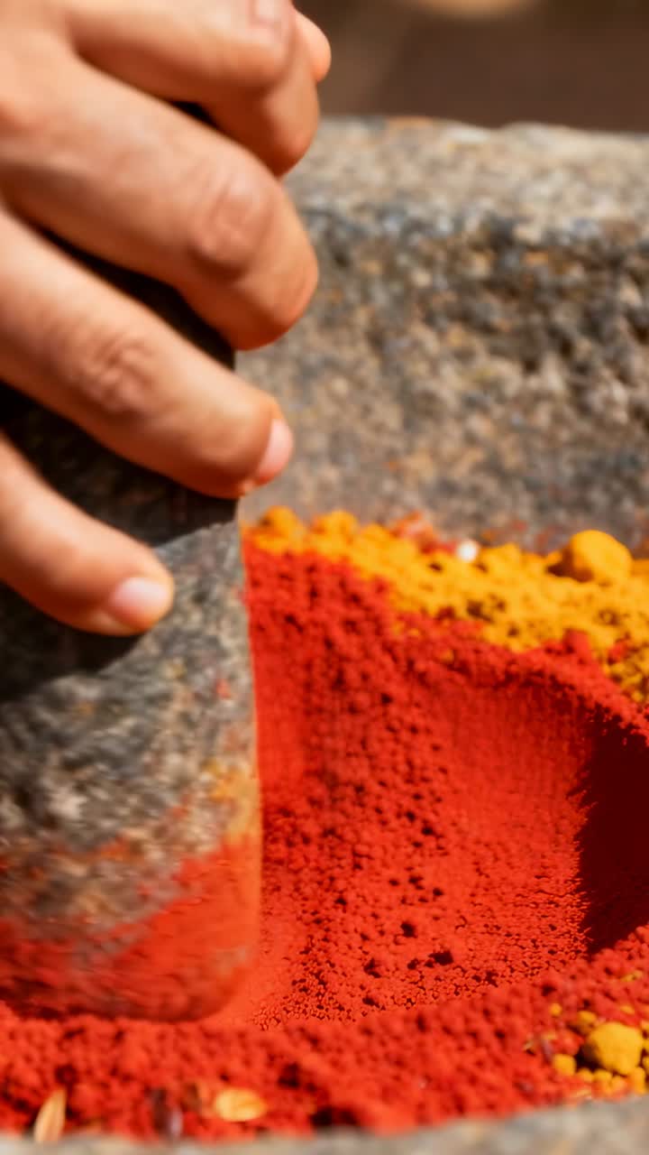 Close-Up of Hand Grinding Red Powder with Pestle and Mortar