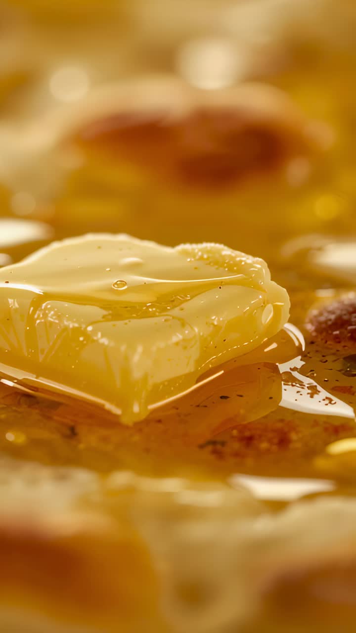 Video verticale: Un pezzo di burro quadrato che si scioglie e si ammorbidisce dal calore su un pancake, con sciroppo che si espande