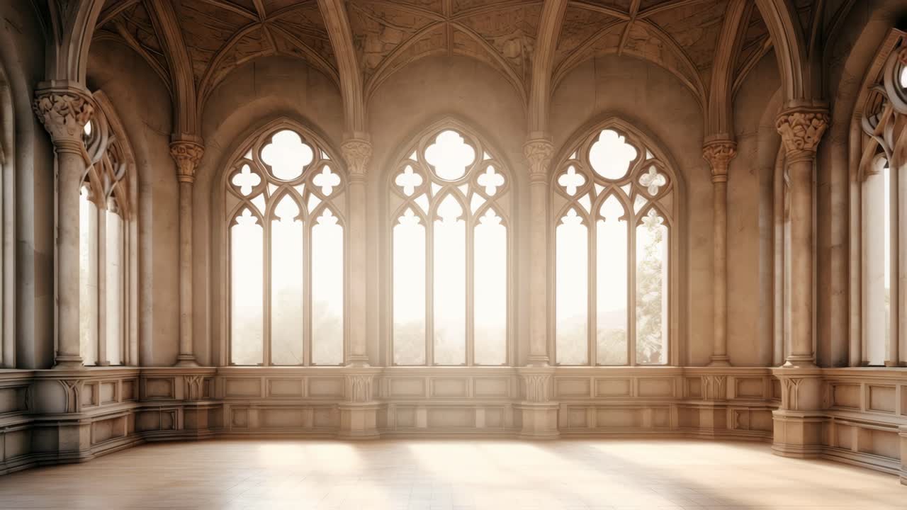 A wide-angle shot of a sunlit, Gothic-style hall with ornate arches and tall windows, perfect