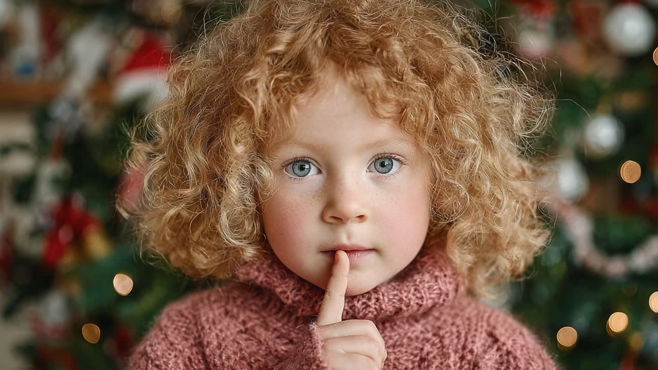 A Curious Child with Curly Hair Gestures for Silence, Set Against a Festive Background of Holiday Decorations and Delicate Lights