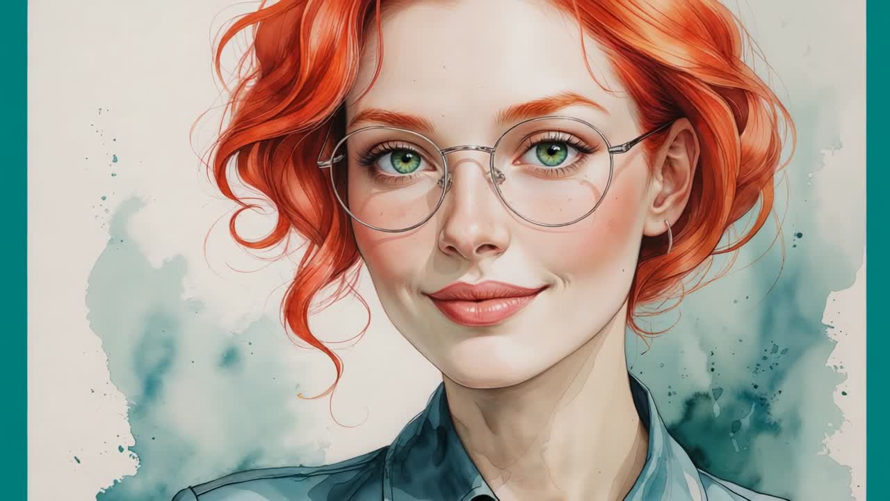 Showing red-haired woman wearing eyeglasses and blue shirt in portrait with framing shifts