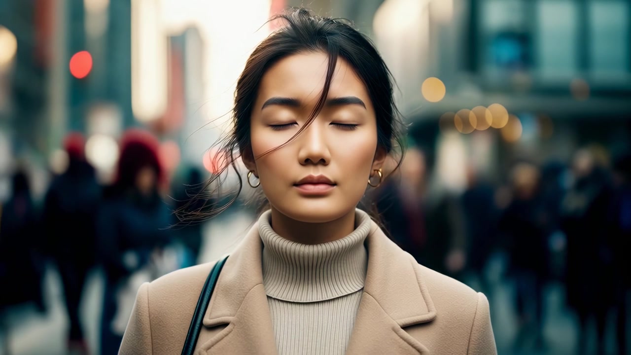 賑やかな街の通りに静かに立つ若い女性