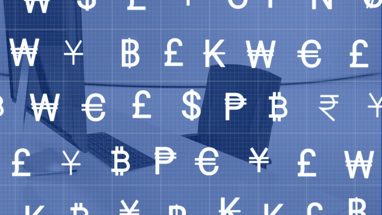 사무실에서 비어있는 의자와 컴퓨터 위에 여러 개의  화폐 아이콘의 애니메이션