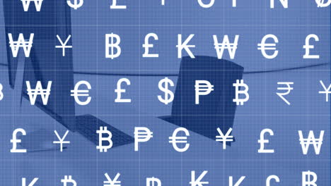 animatie van meerdere witte muntpictogrammen over een leegstaande stoel en computer in het kantoor