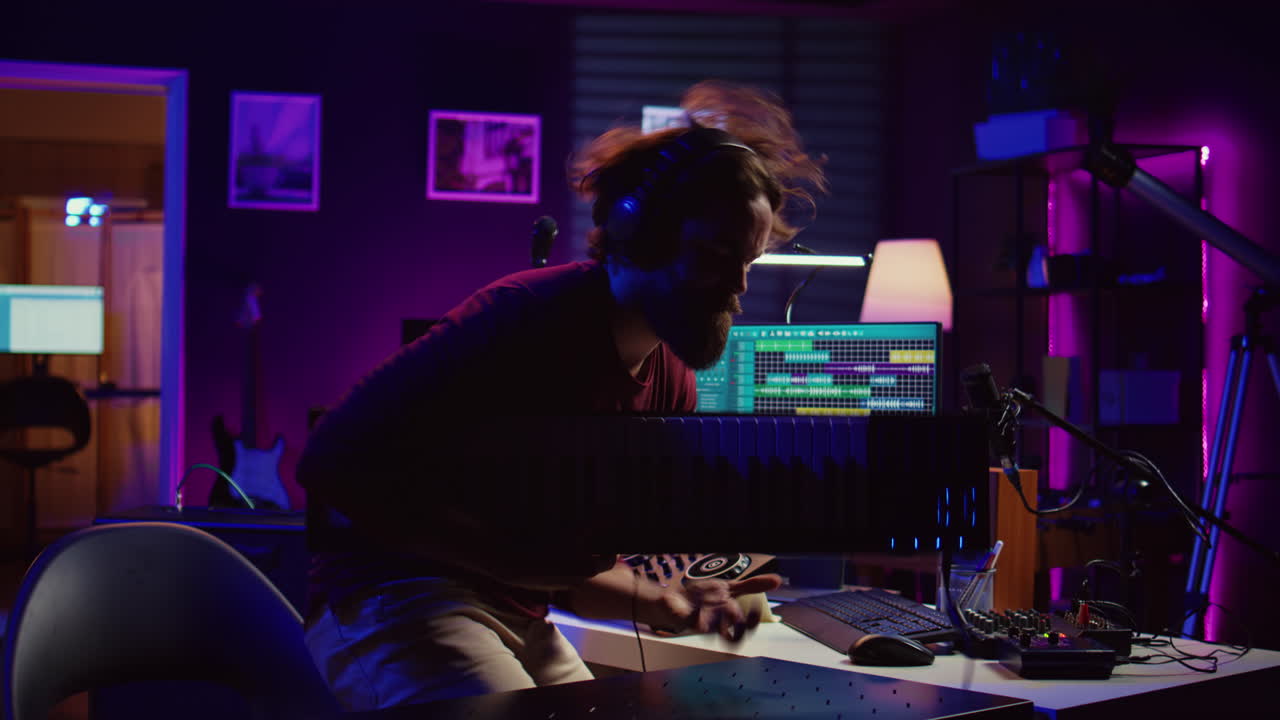 Energetic confident artist playing electronic piano in home studio