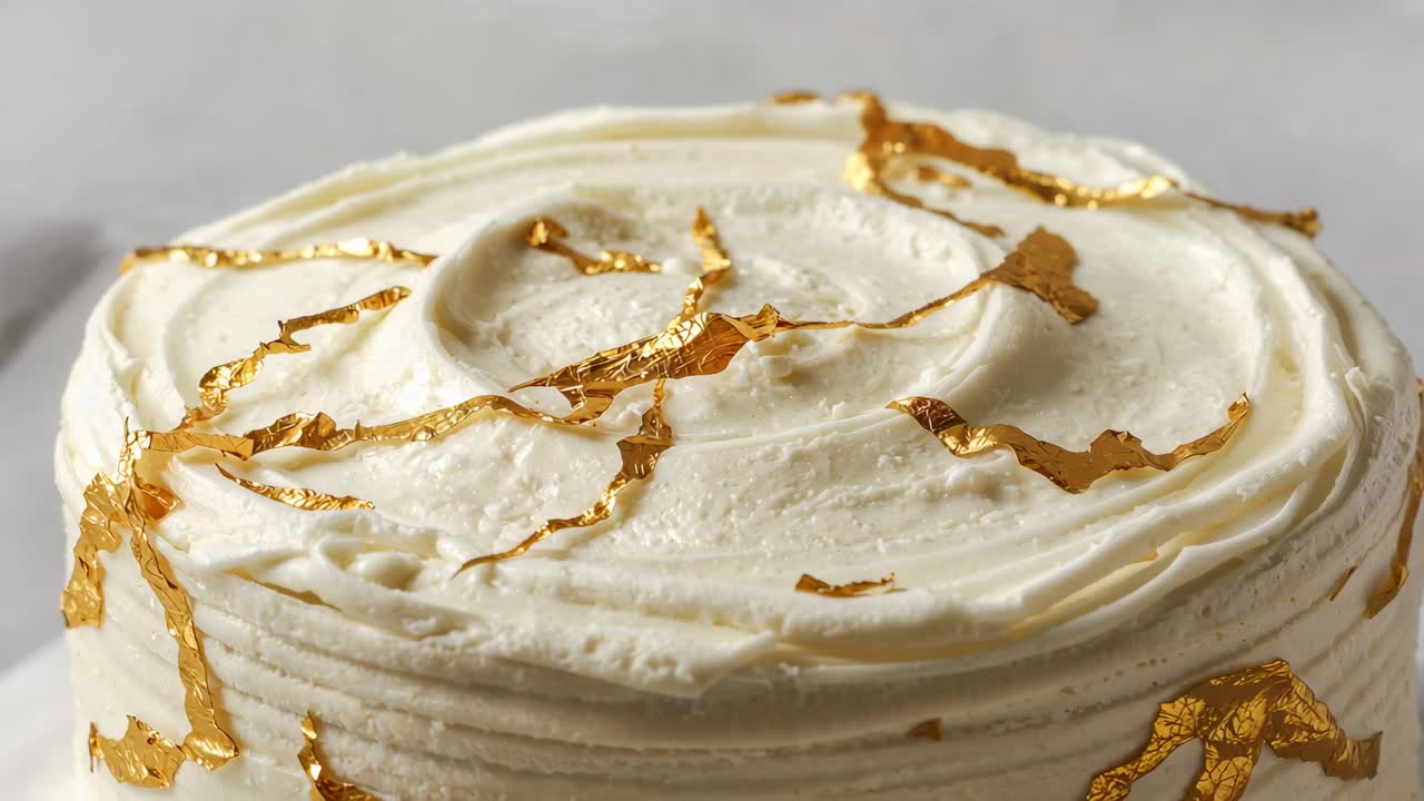 Pulling back camera revealing round cake on board, showcasing swirled buttercream and gold scallops