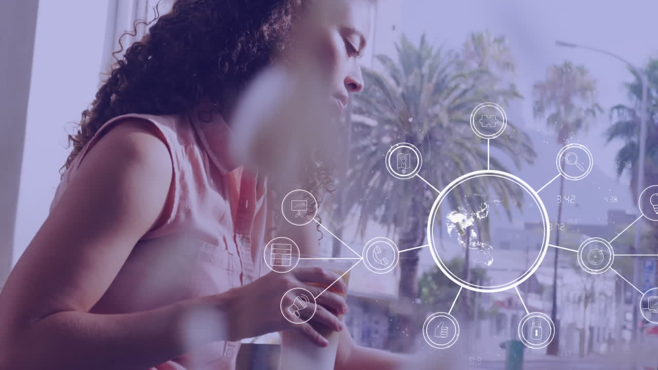 animación de iconos y conexiones sobre una mujer de negocios biracial en la oficina