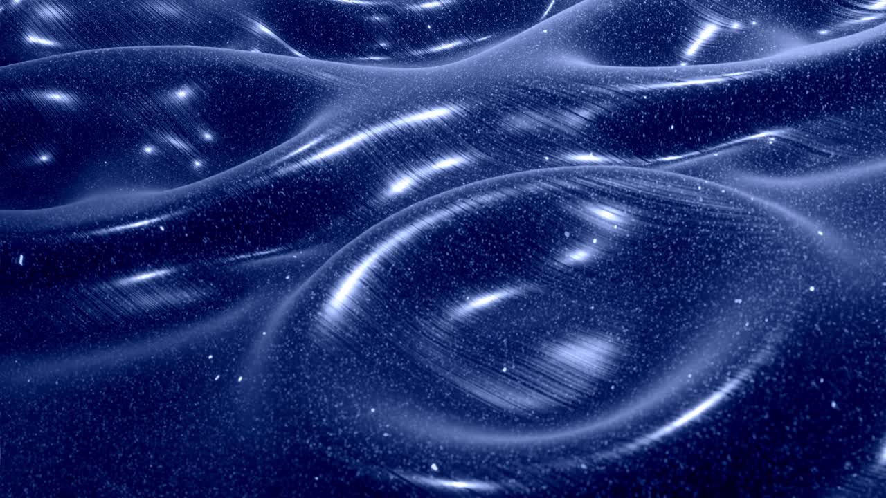 Stylish festive black bg. Fantastical abstract looped background, waves move on glossy surface like landscape made of liquid blue wax with sparkles. Beautiful soft background with smooth animation 4k