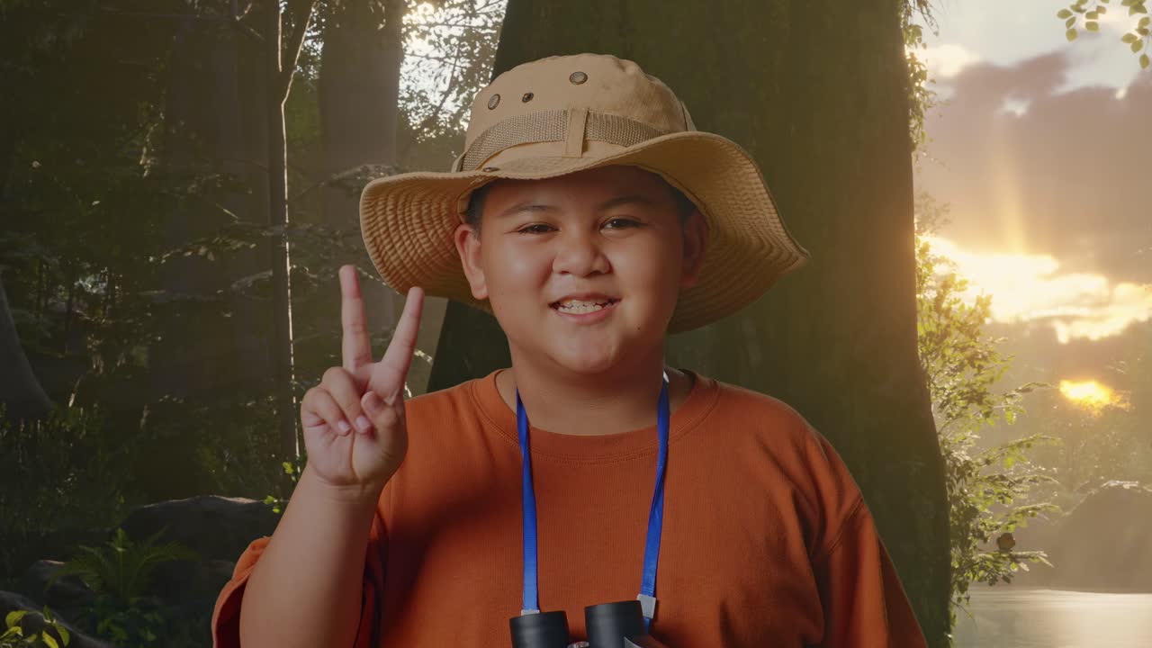 모자와 안경을 쓴 아시아 소년은 숲의 자연을 탐험하는 동안 평화의 몸짓을 보여줍니다. 소년 연구자는 무언가를 조사합니다. 여행, 관광, 모험, 클로즈업.