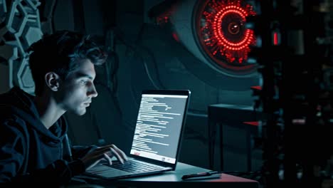 engaging in cutting-edge programming and exploring advanced technology in a visionary workspace filled with intricate machinery