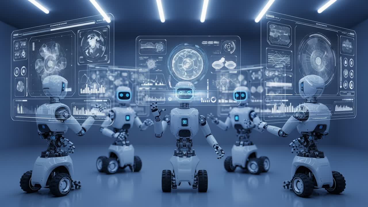 A futuristic team of robotics engaged in dynamic collaboration, showcasing advanced technology and interactive interfaces in a modern, high-tech environment