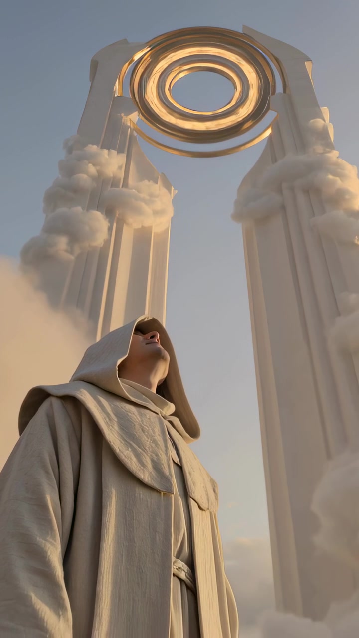 Video verticale: Monaco che osserva, inclinando la testa mentre la telecamera si allontana dalle colonne del tempio, guardando un anello.