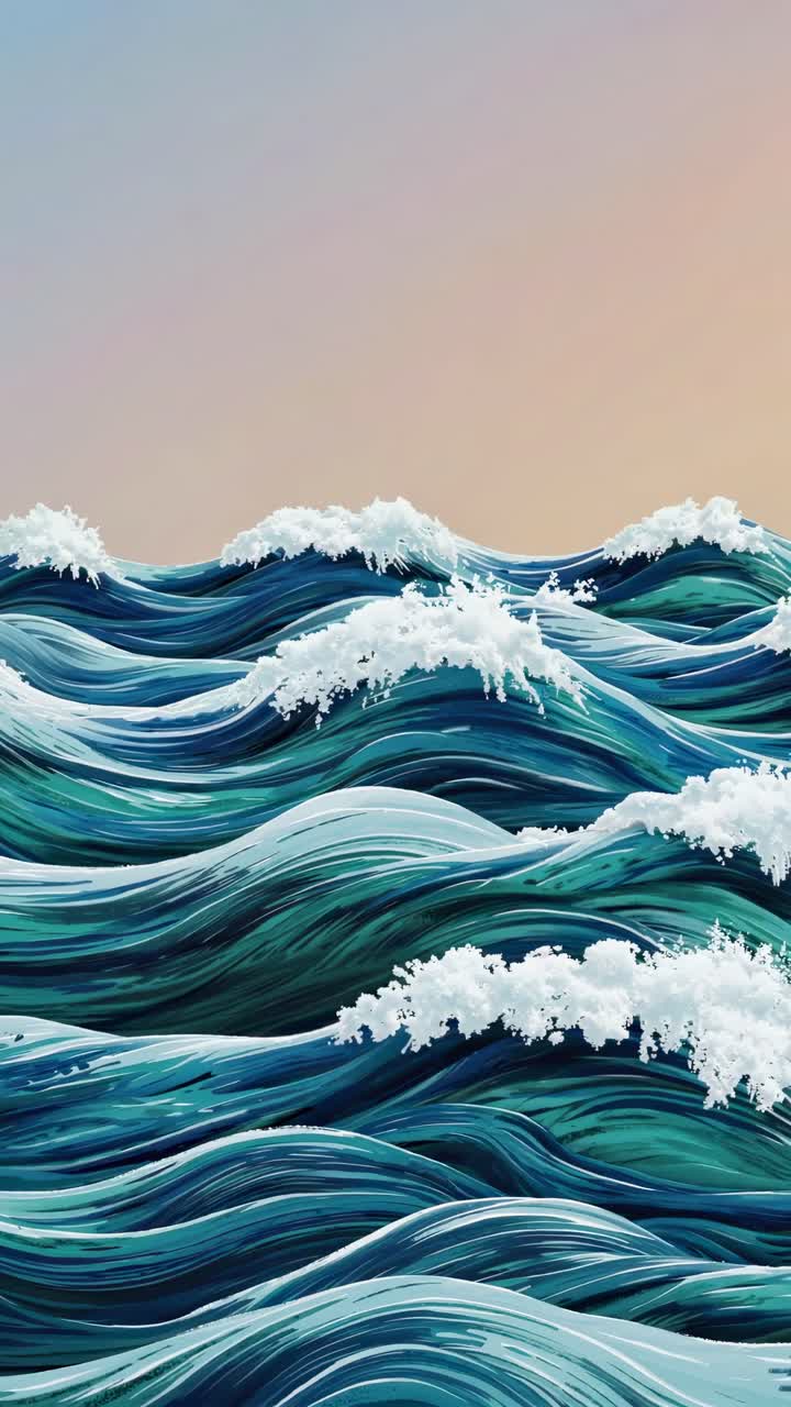 Aerial view of stylized ocean waves with a pastel sky, resembling a video game art style