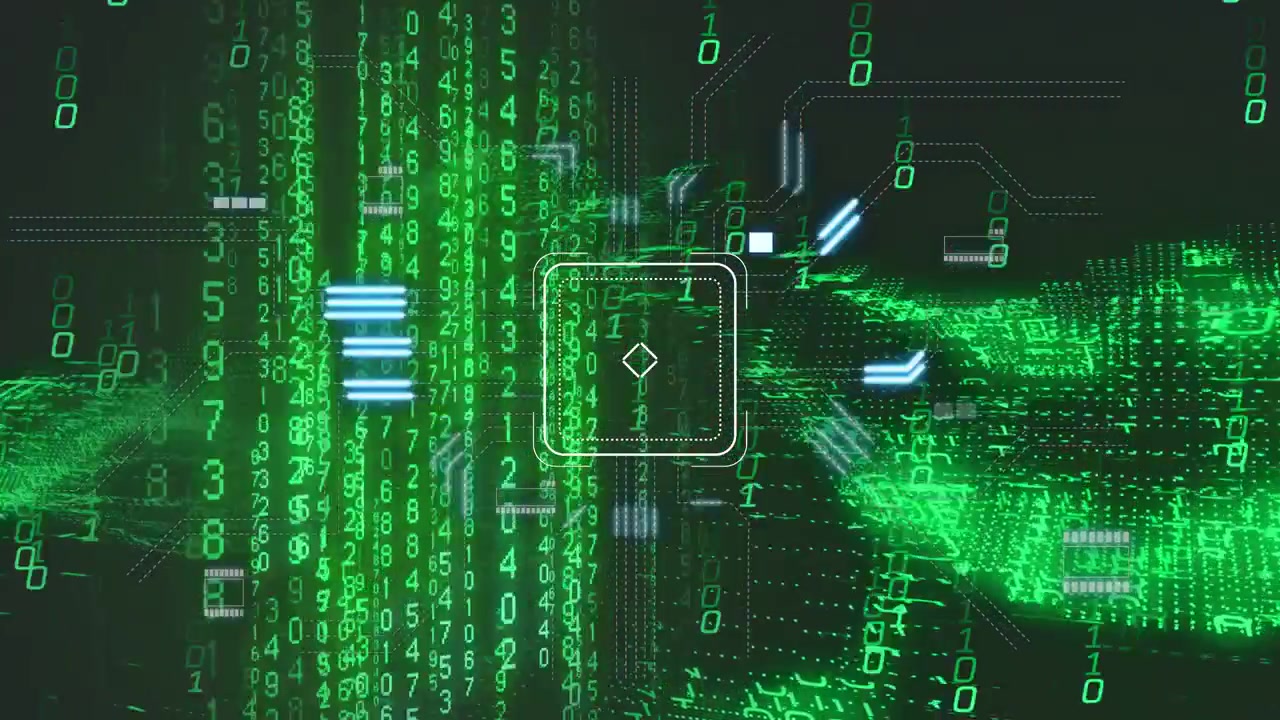 Recebendo pulso de dados, quadrado central pulsando enquanto numerais sobem e onda de pontos fluindo, mostrando o fluxo