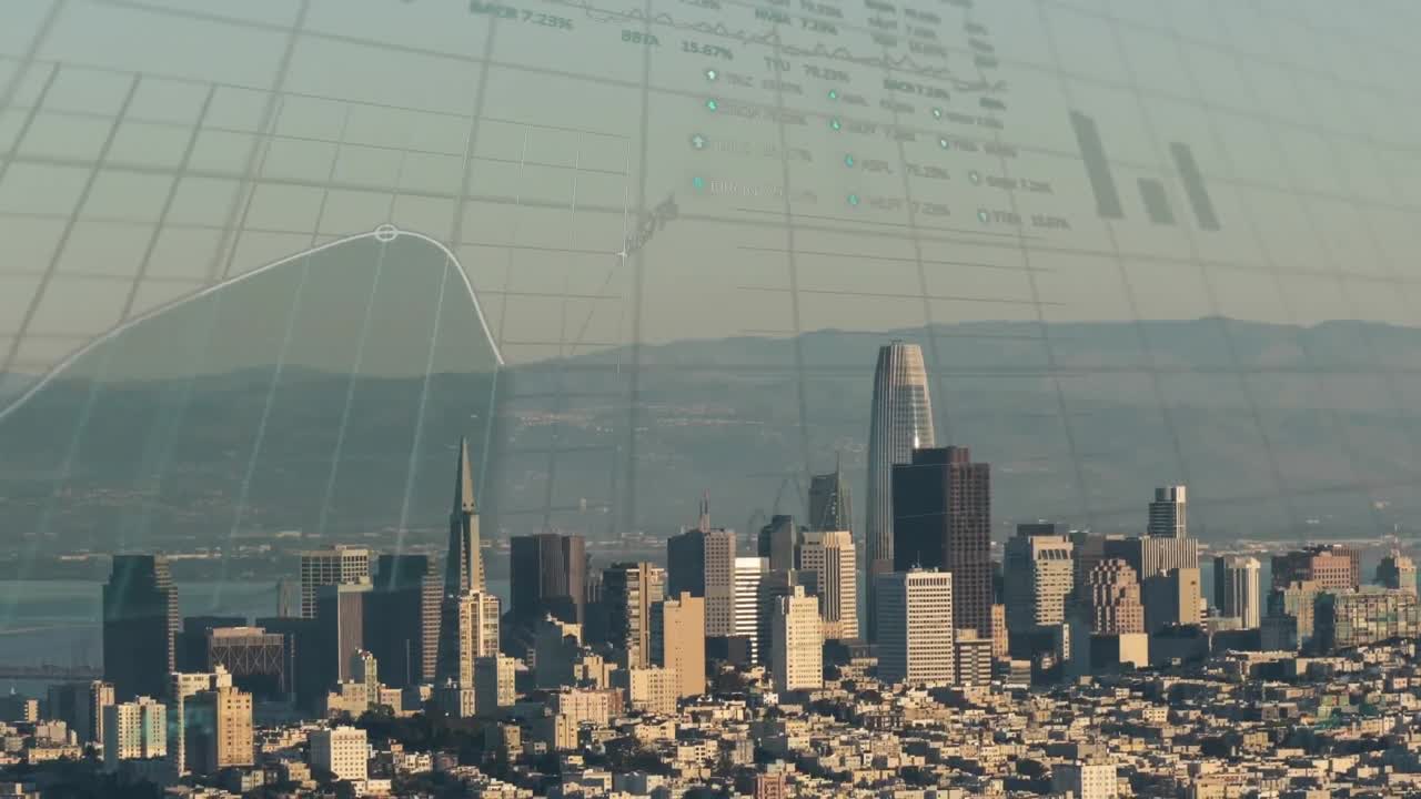 Animazione di statistiche ed elaborazione dati su un paesaggio urbano.
