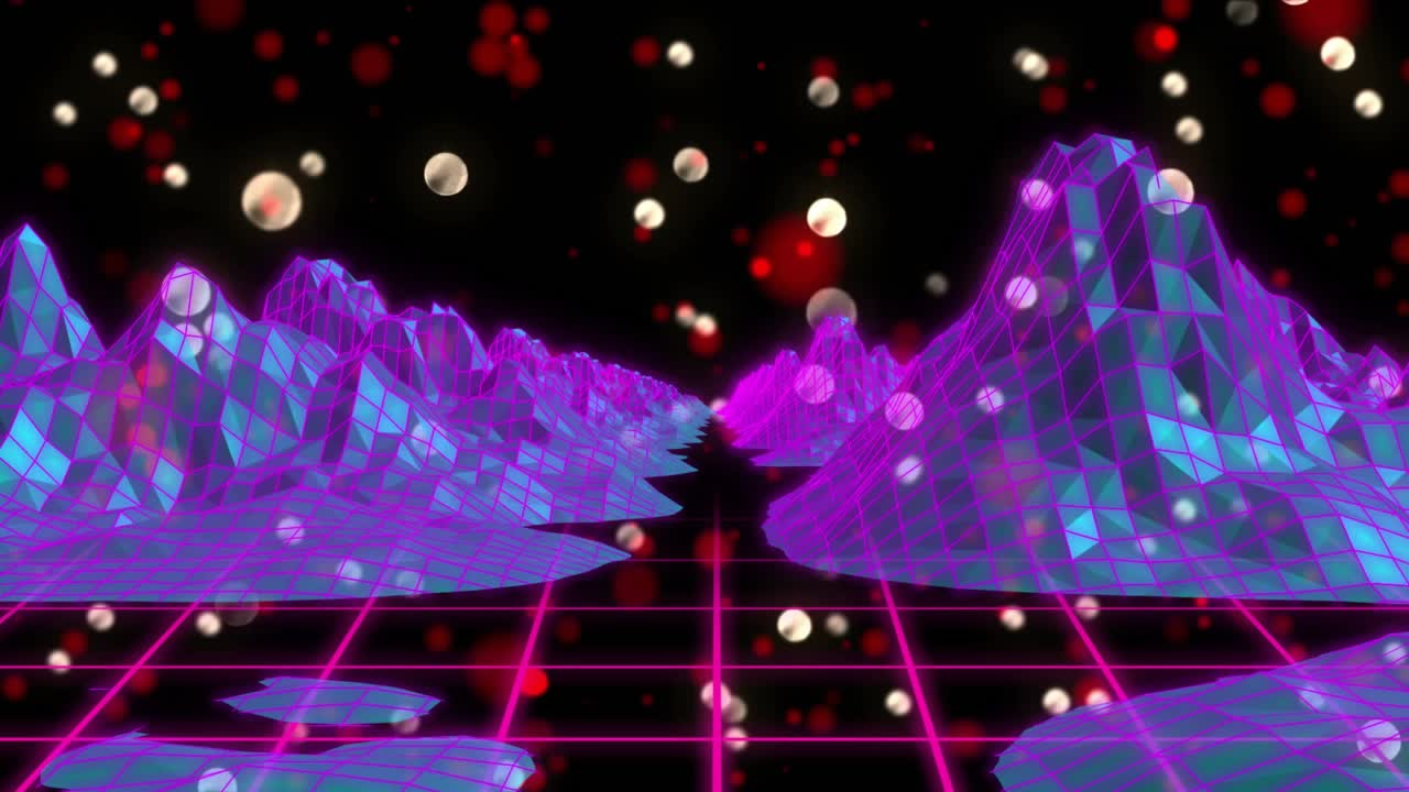 Camera gliding over neon grid valley, wireframe peaks shifting, spheres drifting to glowing horizon