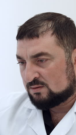 close-up portrait of a middle-aged man in a white coat