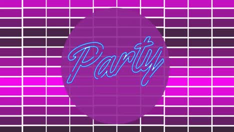 Animation-of-party-text-in-purple-circle-over-pink-checked-background