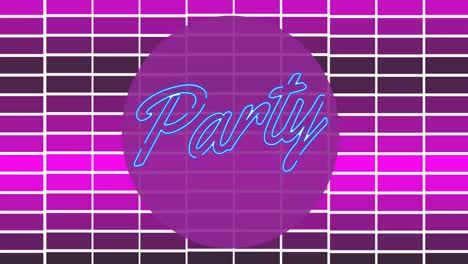 animation of party text in purple circle over pink checked background