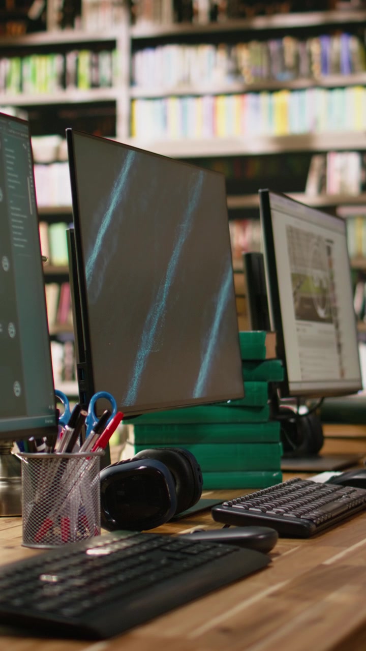 Monitores de Desktop com Vídeo Vertical, Tela Azul e Chatbot de IA em Espaço de Trabalho de Biblioteca