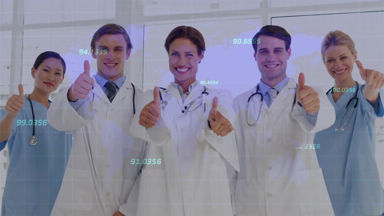 Medical team responding to nurse-triggered thumbs-up and showing animated health metrics flowing