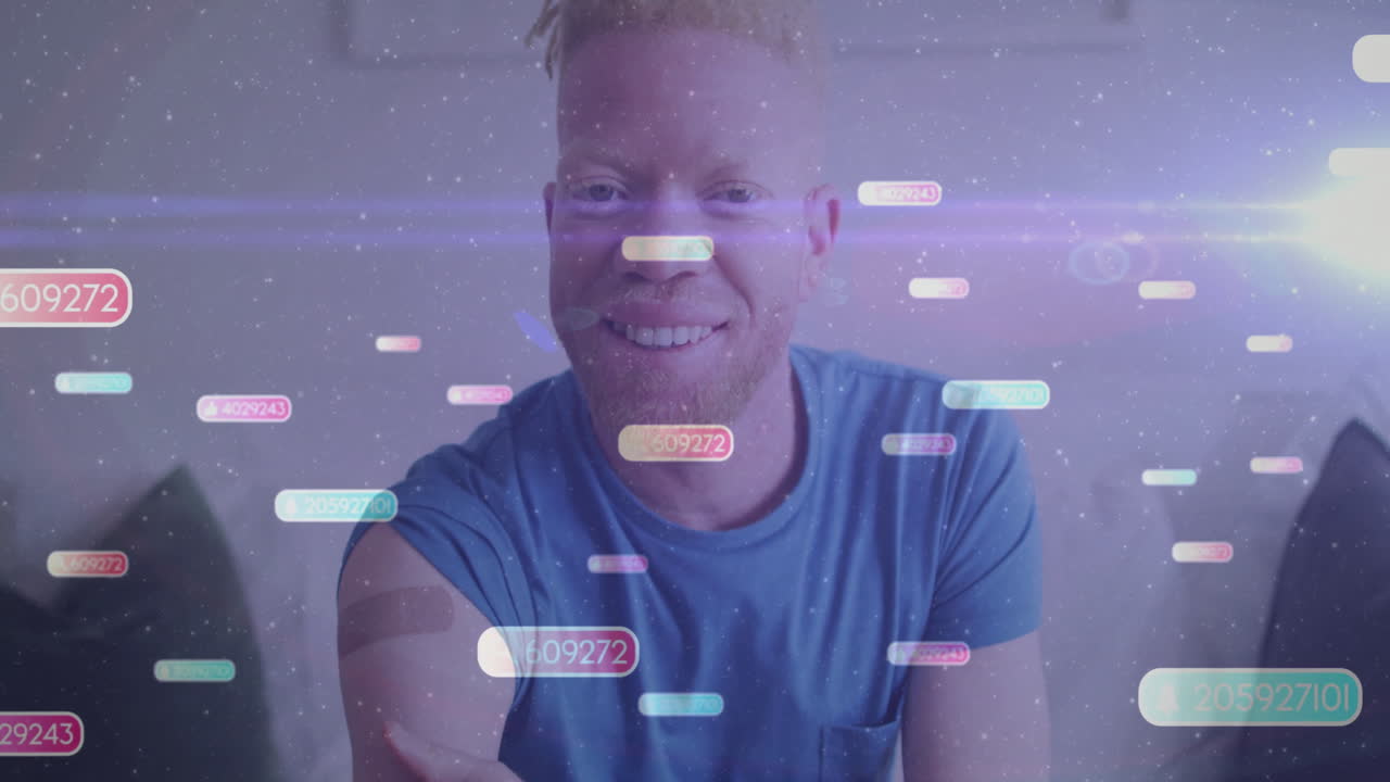 Floating digital numbers and data overlay, person smiling with animation effects