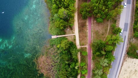 Flying-around-a-couple-sitting-in-a-wood-platform-in-front-of-a-lake-with-clear-watter,-between-the-trees-with-bird-passing-by,-next-to-road-with-cars,-in-Banyoles,-Catalonia-,-Spain