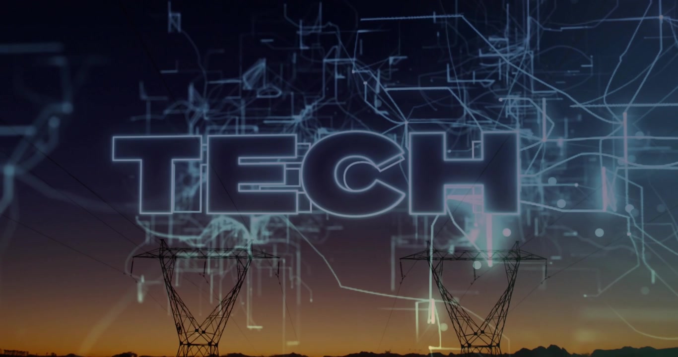 Floating cyan network shifting, pulsing, drifting into glowing TECH text above towers for branding