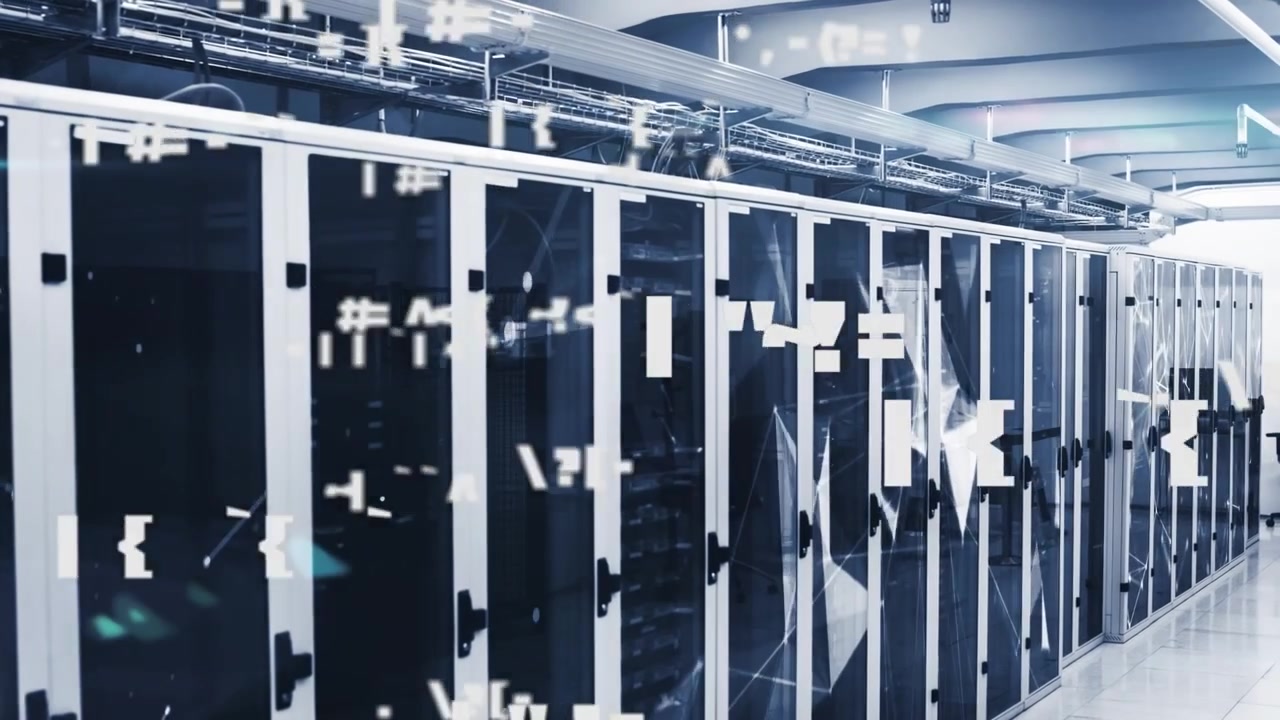Animation of multiple changing symbols against plexus network over computer server room