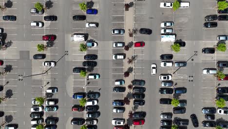 a busy parking lot with numerous parked cars and some trees on a sunny day, aerial view