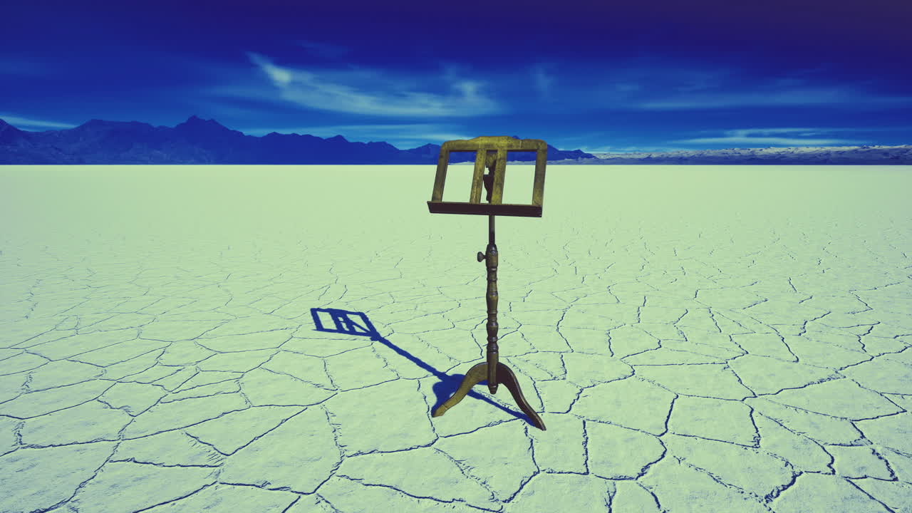 Easel stands alone on an expansive cracked salt flat under a vibrant sky
