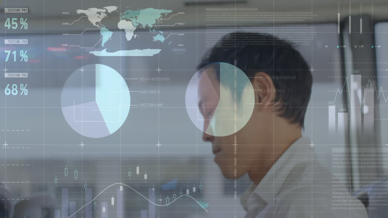 animación de procesamiento de datos estadísticos contra empresario asiático hablando en teléfono inteligente en el autobús