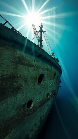 sunlit underwater wreck of a ship