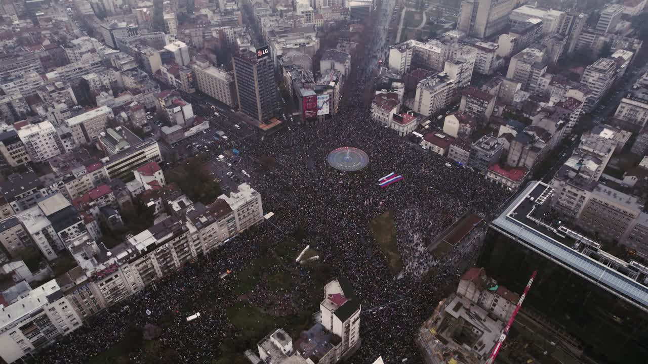 Massive Antigovernment Protest in Belgrade, Serbia. Aerial Drone View of Crowds at Slavija Square