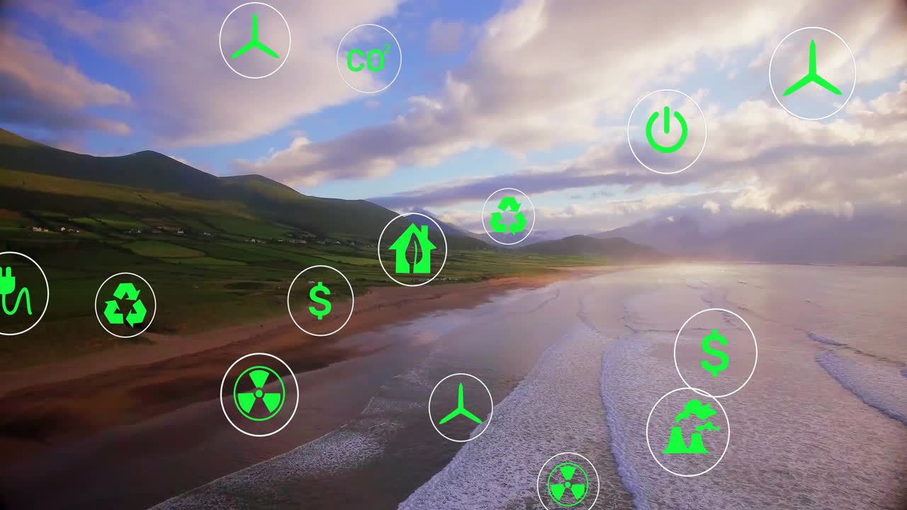 Environmental icons animation over scenic coastal landscape with mountains and ocean