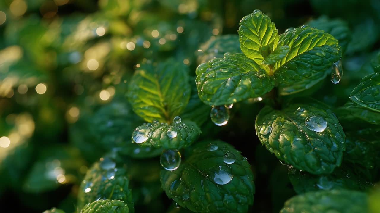 A Close-Up Perspective of Fresh Mint Leaves Reflecting Morning Dewdrops, Highlighting Their Vibrant Green Color and Glistening Surface in Bright Natural Light
