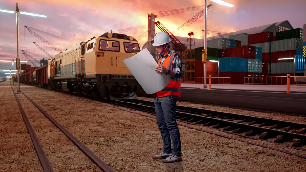 Full Body Side View Of Asian Male Engineer With Safety Helmet Looking At Blueprint In His Hands And Looking Around While Standing With Freight Cargo Train At Port