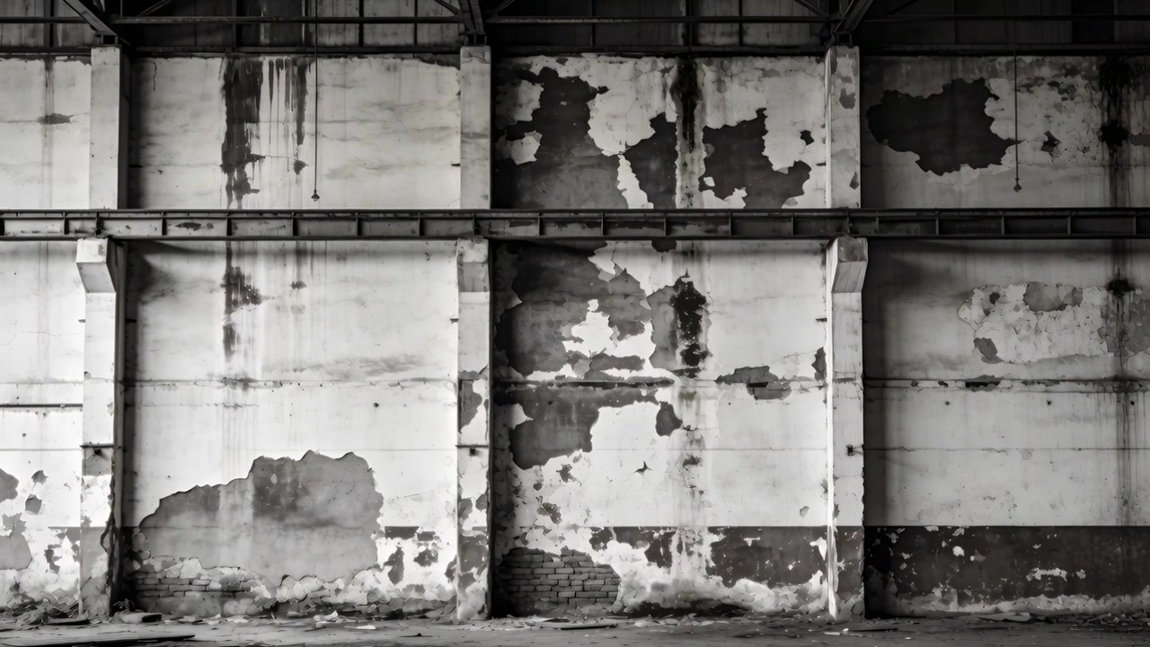 Telecamera fissa che riprende una parete deteriorata di una fabbrica abbandonata, mostrando intonaco scrostato e mattoni a vista.