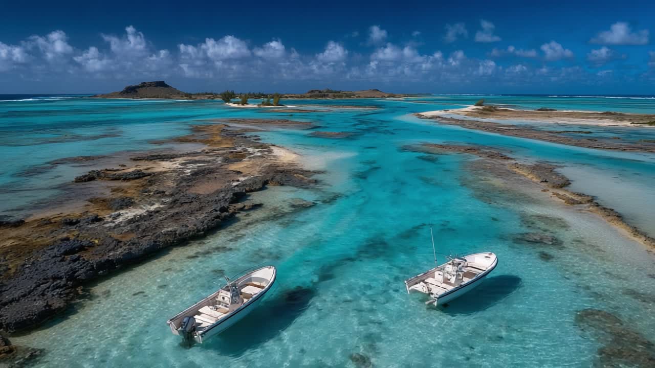 Breathtaking Aerial View of Serene Turquoise Waters Surrounded by Islands and Boats in a Tropical Paradise, Showcasing Nature's Tranquility and Beauty