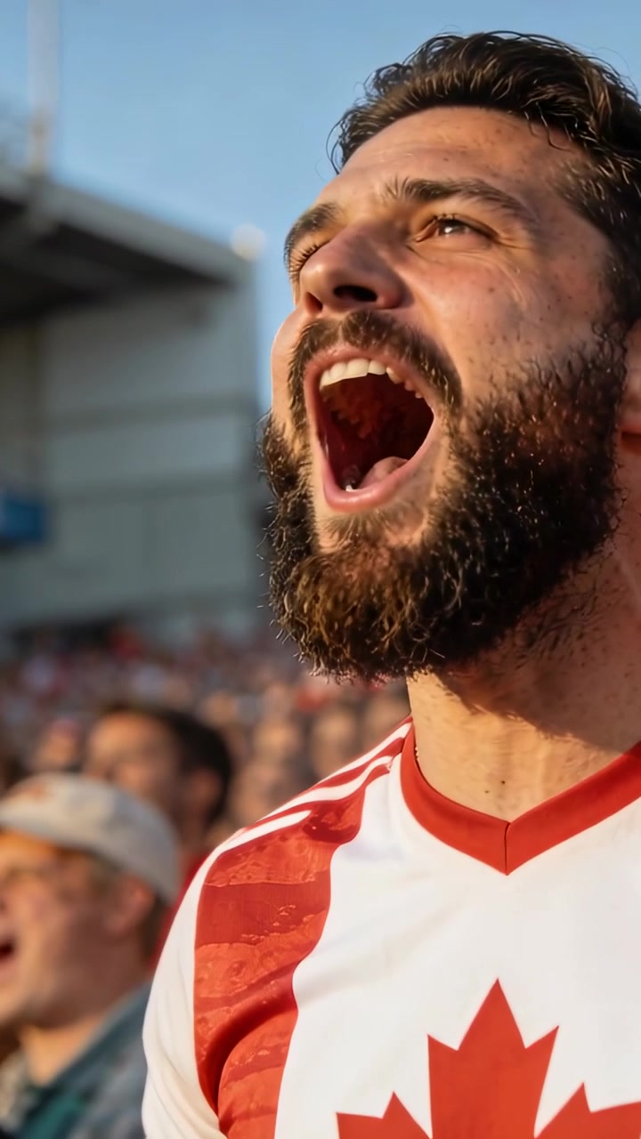 Video verticale: Tifoso barbuto che urla festeggiando un gol sugli spalti dello stadio, indossando una maglia del Canada