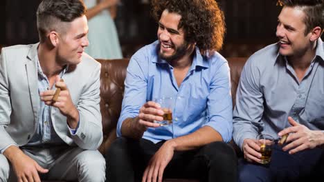 Happy-diverse-male-friends-talking-and-smoking-cigars-at-bar,-holding-drinks