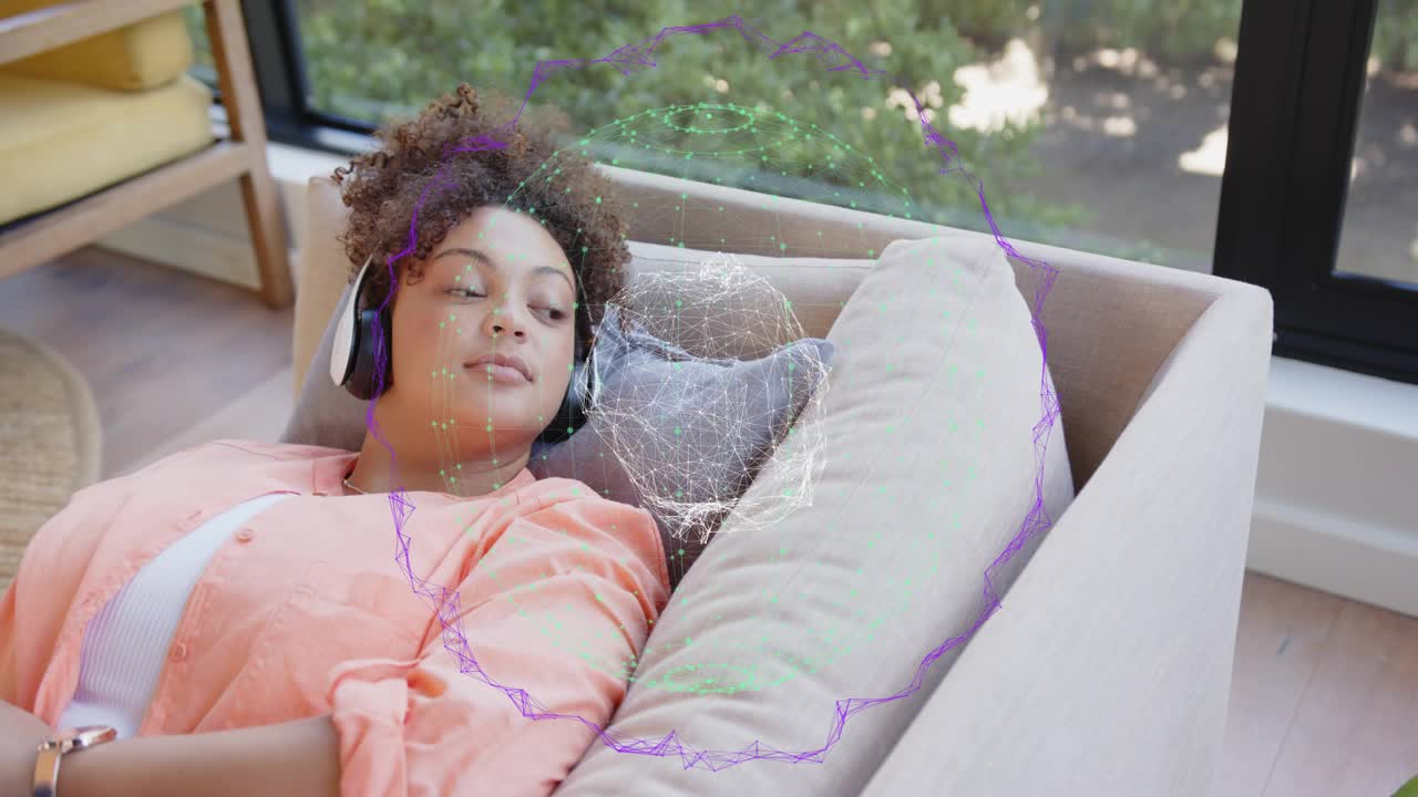 Tech reclining woman scrolling smartphone animating network visuals at head as listening, relaxing