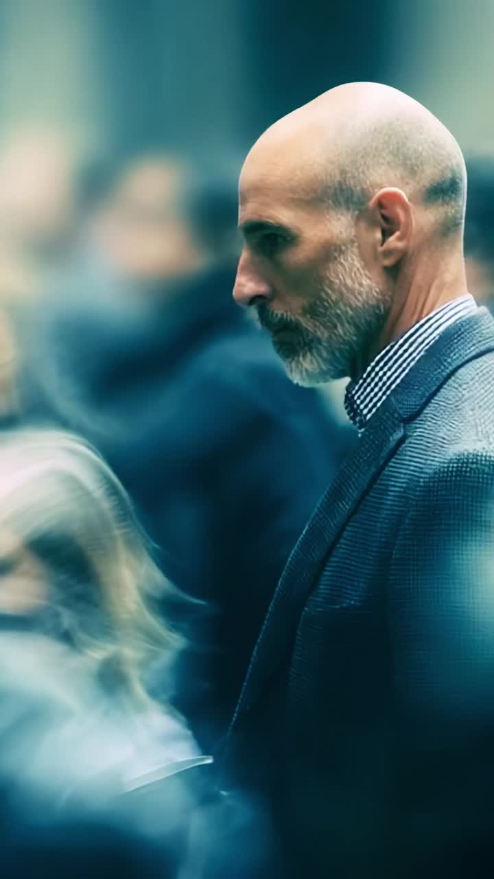 A Reflective Moment: A Man in a Suit Walking Through a Crowd with a Thoughtful Expression Amidst a Dreamy Background of Blurred Colors and People