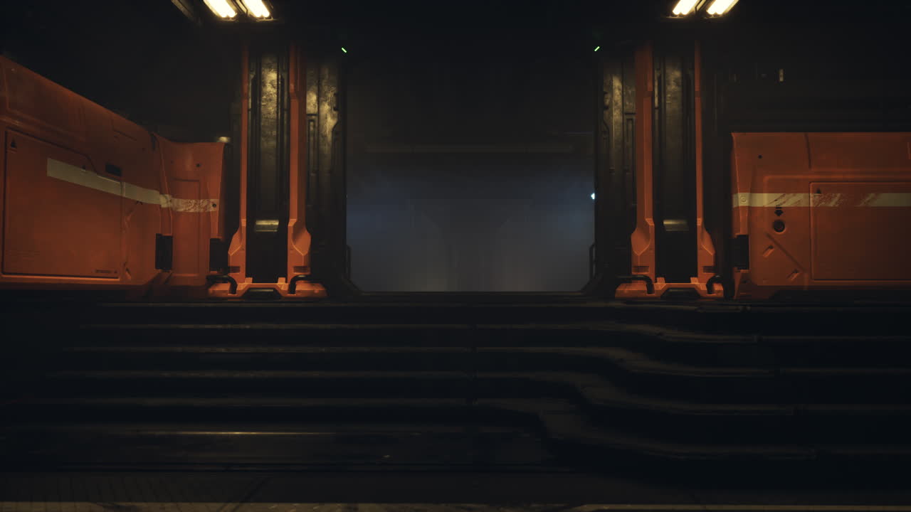 un corredor oscuro y futurista con paredes y puertas de metal