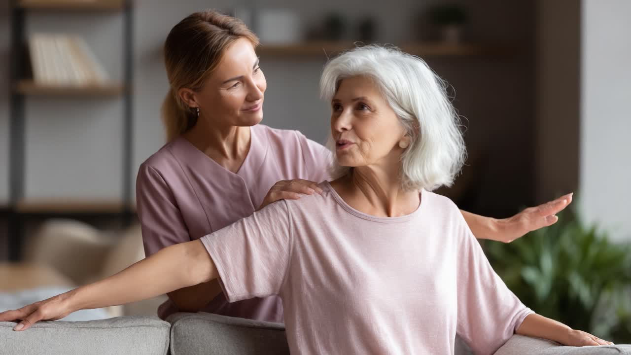 A Heartwarming Moment of Care and Connection: A Younger Woman Assists an Older Woman with Exercises or Stretching, Reflecting the Importance of Supportive Relationships