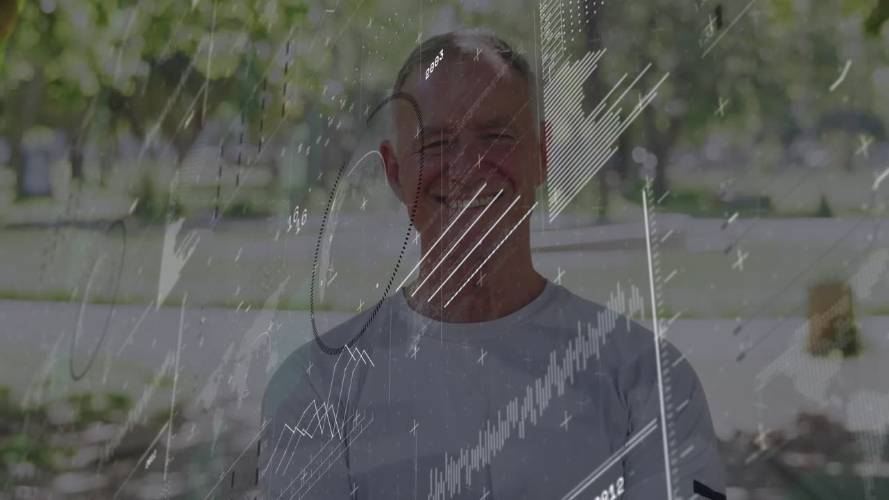 Senior man sitting on bench, tech HUD graphics appearing, forming rising charts while smile growing