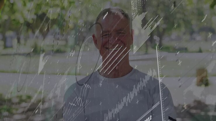 Senior man sitting on bench, tech HUD graphics appearing, forming rising charts while smile growing